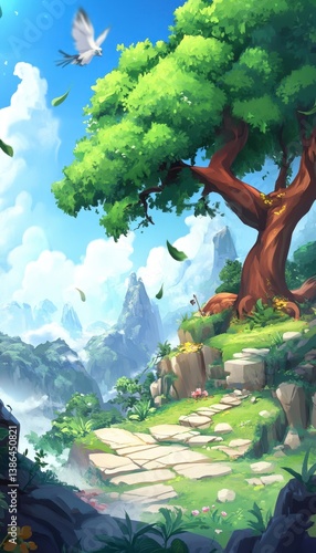 A serene landscape featuring a large, lush tree beside a stone pathway leading through a vibrant forest, with distant mountains and a clear blue sky in the background