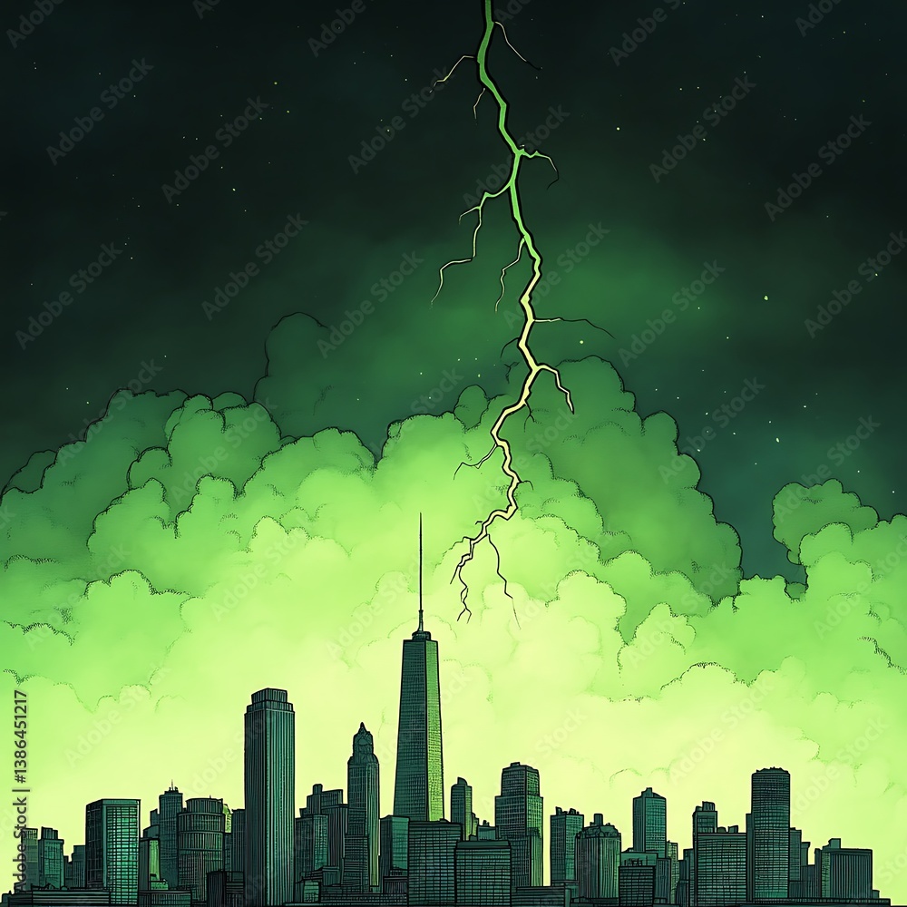 Fototapeta premium lightning storm over city skyline isolated on green background