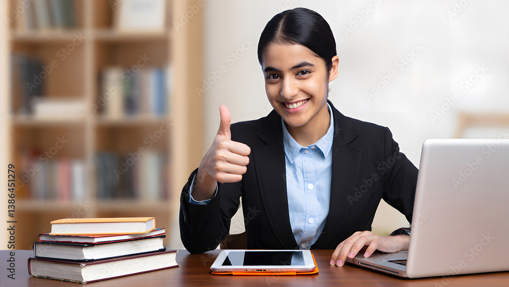 Fototapeta premium Successful Study: Girl with Thumbs Up at Her Workspace. Smiling Young Woman Giving Thumbs Up While Studying. 