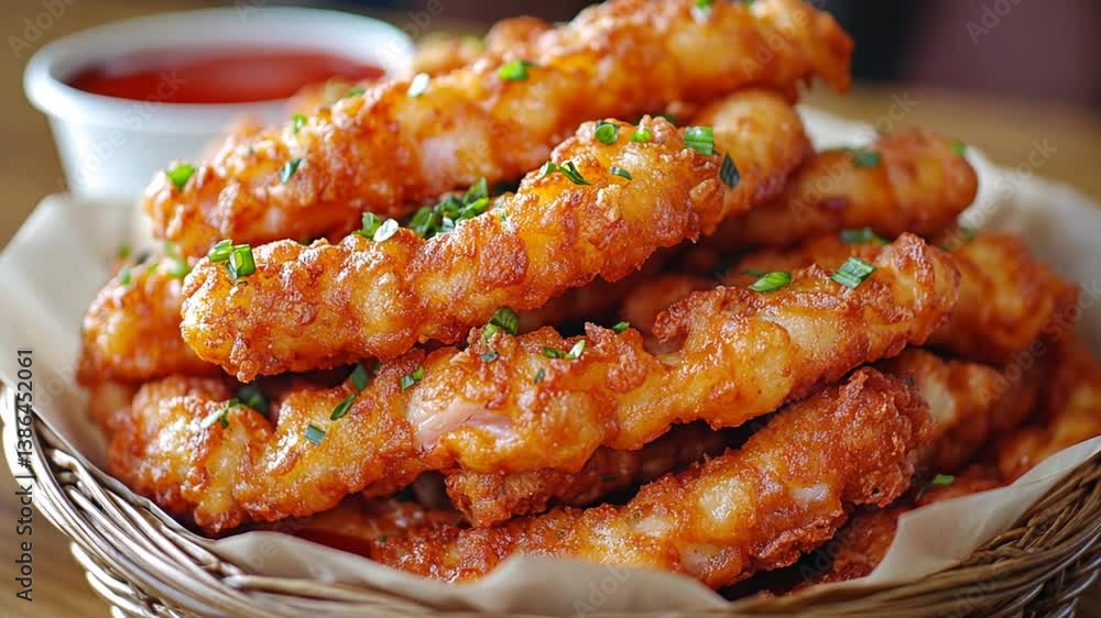 Crispy fried food appetizer in a basket, served with sauce Crispy fried food appetizer in a basket, served with sauce