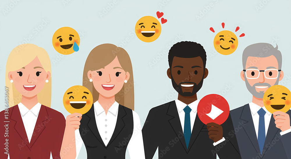 Employee Satisfaction Concept. Vector cartoon close-up illustration in flat style of diverse businesspeople holding satisfaction and joy emojis in their hands Employee Satisfaction Concept. Vector cartoon close-up illustration in flat style of diverse businesspeople holding satisfaction and joy emojis in their hands