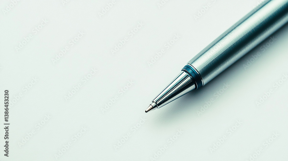 Silver ballpoint pen lying diagonally on a white sur Silver ballpoint pen lying diagonally on a white sur