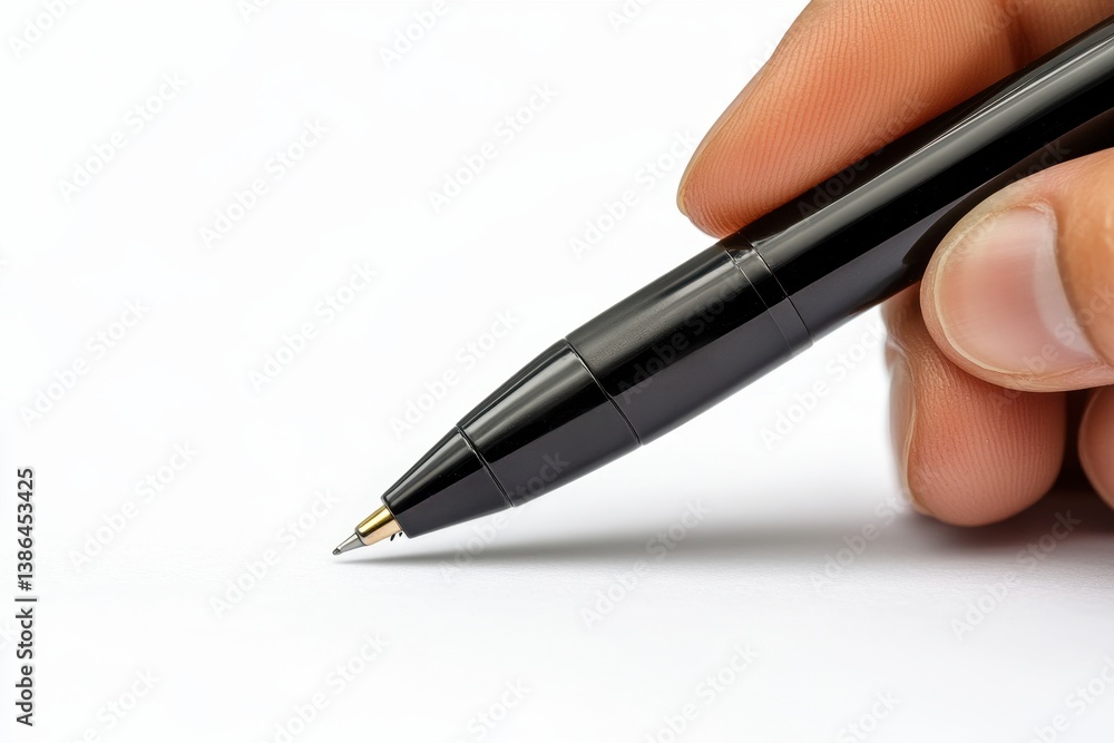 Hand holding a silver pen poised to write on a clean white sheet of paper in a bright and minimal workspace Hand holding a silver pen poised to write on a clean white sheet of paper in a bright and minimal workspace