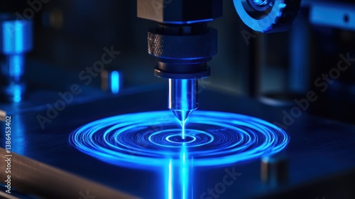 3D printer depositing material, circular light pattern, industrial setting. Possible use Stock photo for 3D printing technology, innovation