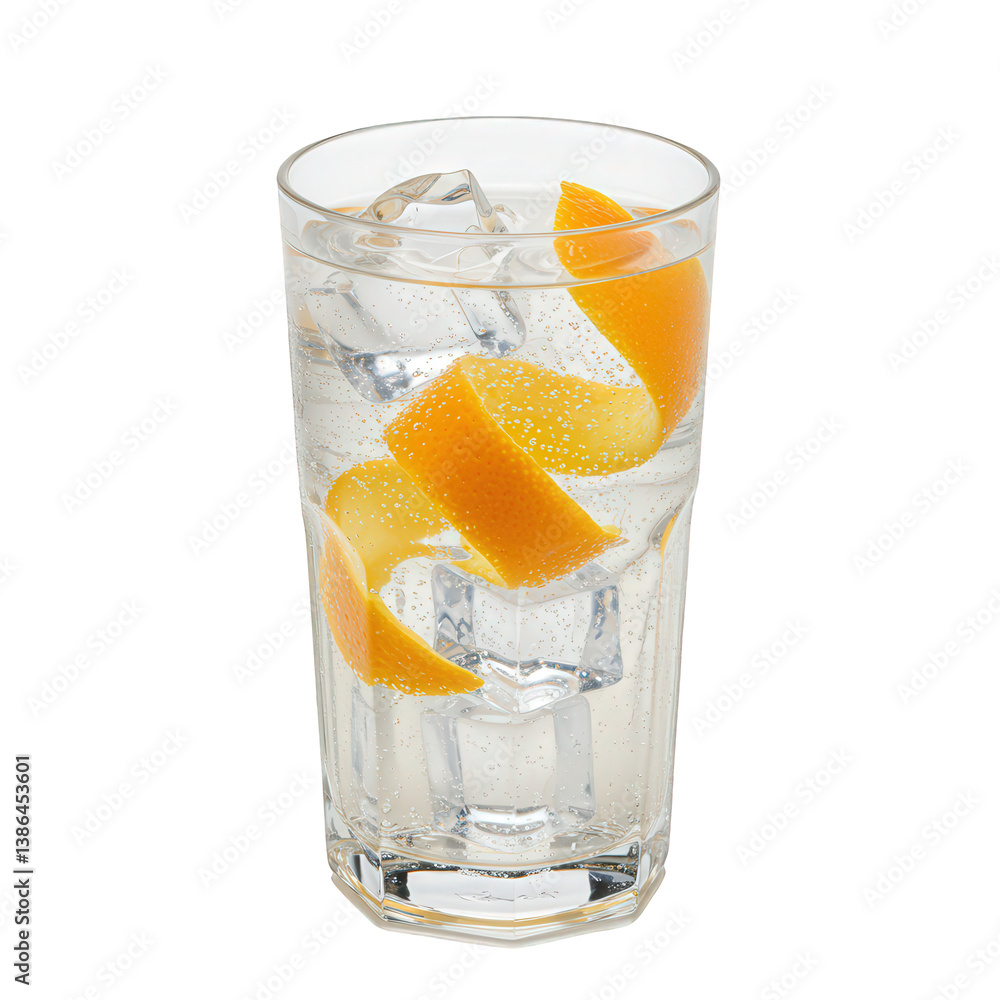 Sparkling water with ice and an orange peel twist. Sparkling water with ice and an orange peel twist.
