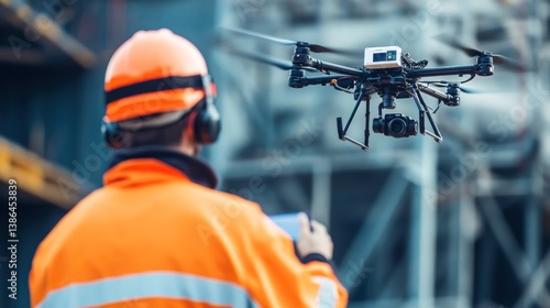 Industrial drone operator in safety gear operating a drone for inspection.