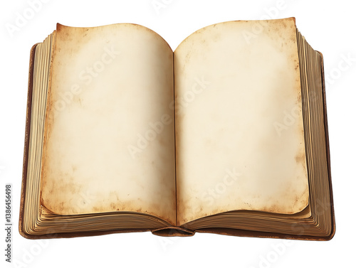 Open book with yellowed, aged pages on a transparent background
