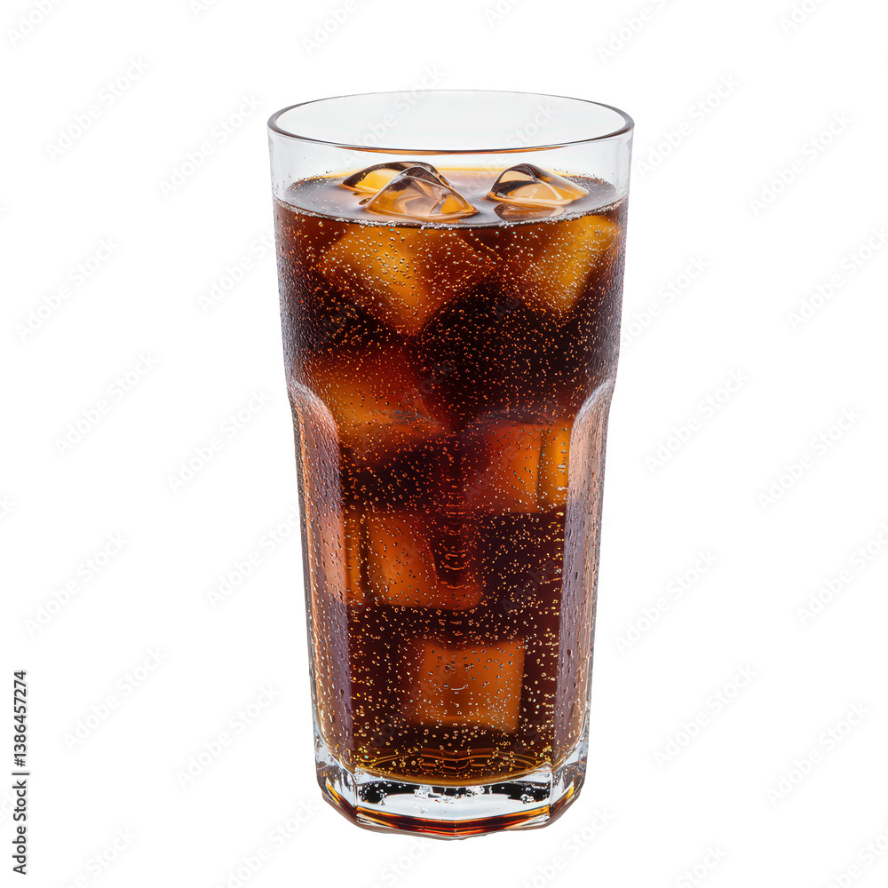 Ice-cold soda with condensation and ice cubes in a tall glass. Ice-cold soda with condensation and ice cubes in a tall glass.
