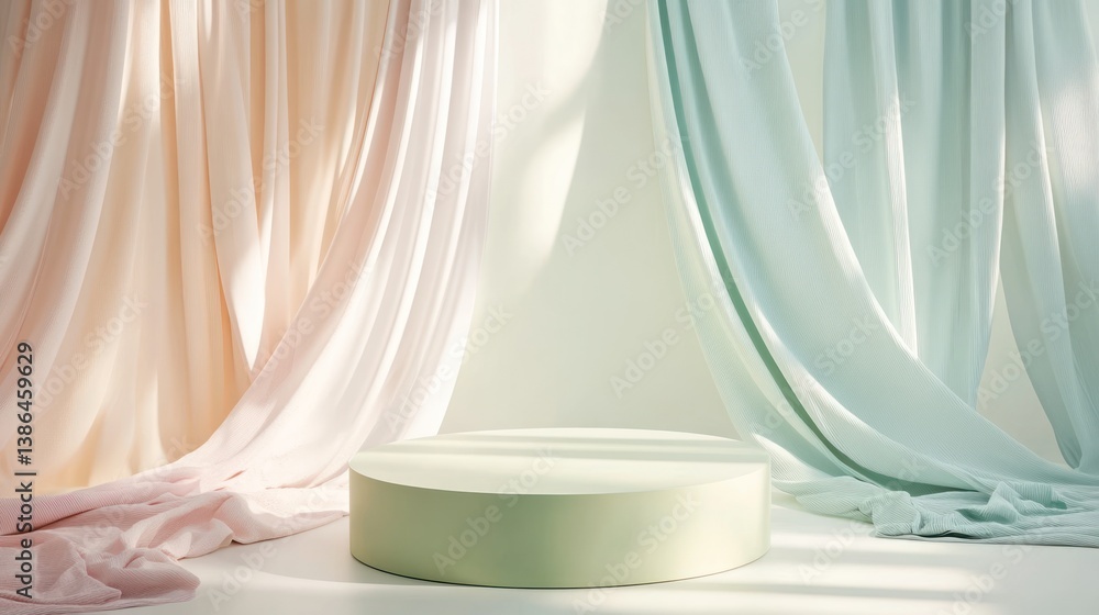 Pastel draped fabric backdrop with round podium Pastel draped fabric backdrop with round podium