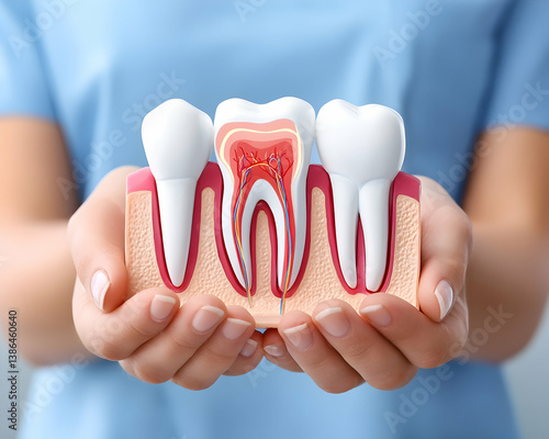 Dental professional's hands holding a tooth model showing root canal procedure
