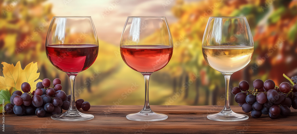 Fototapeta premium Three elegant wine glasses with grapes on wooden table
