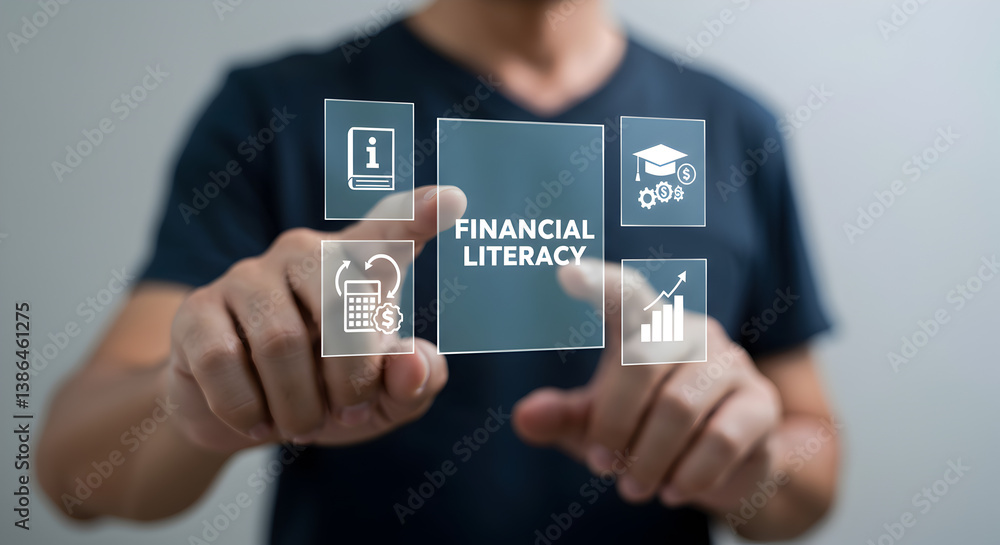 Financial Literacy Concept with Man Touching Virtual Digital Interface on Gray Background Financial Literacy Concept with Man Touching Virtual Digital Interface on Gray Background