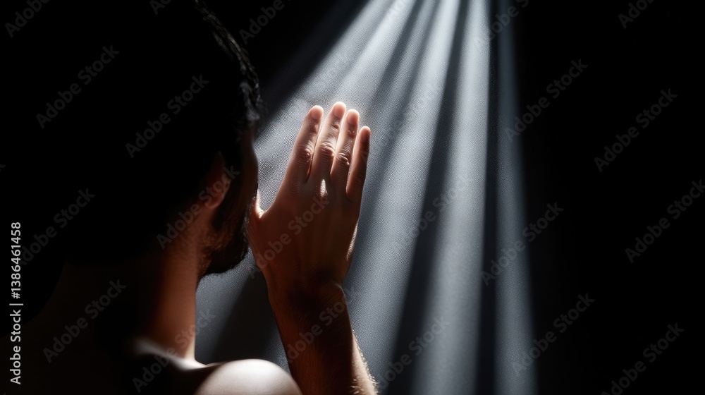 A man praying, bathed in a beam of light A man praying, bathed in a beam of light