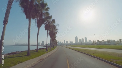 Coastal Road with Palm Trees and City Skyline