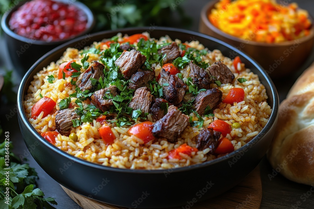 Hearty Beef And Vegetable Rice Dish Garnished With Parsley, Served In A Bowl On Rustic Wooden Surface. Family-Friendly Healthy Meal For Every Season. Hearty Beef And Vegetable Rice Dish Garnished With Parsley, Served In A Bowl On Rustic Wooden Surface. Family-Friendly Healthy Meal For Every Season.