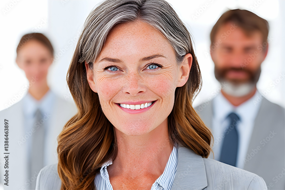 Confident businesswoman smiling, colleagues blurred in background Confident businesswoman smiling, colleagues blurred in background