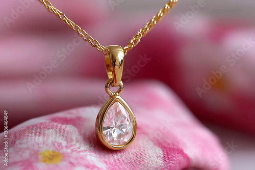 p: a close-up of a delicate gold chain necklace with a tiny, personalized birthstone pendant