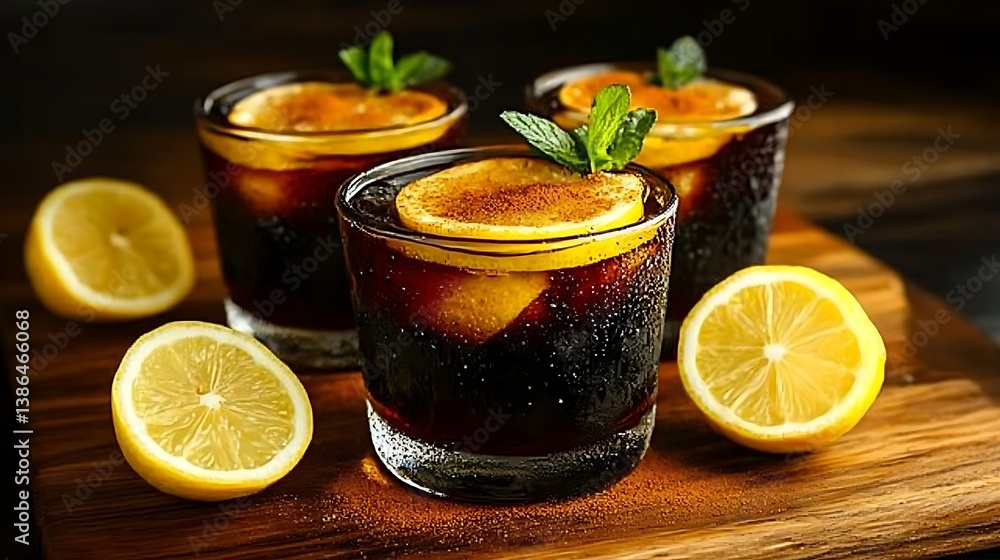 Dark Refreshing Cocktails with Iced Lemon. Dark Refreshing Cocktails with Iced Lemon.