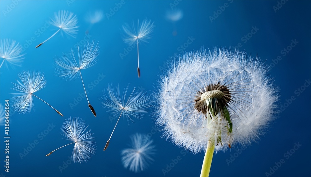 Dandelion Seeds Floating on Blue Background Dandelion Seeds Floating on Blue Background