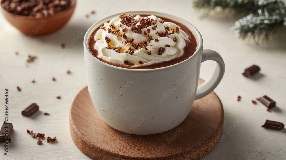A cup of hot cocoa with whipped cream and chocolate shavings. Featuring winter indulgence A cup of hot cocoa with whipped cream and chocolate shavings. Featuring winter indulgence