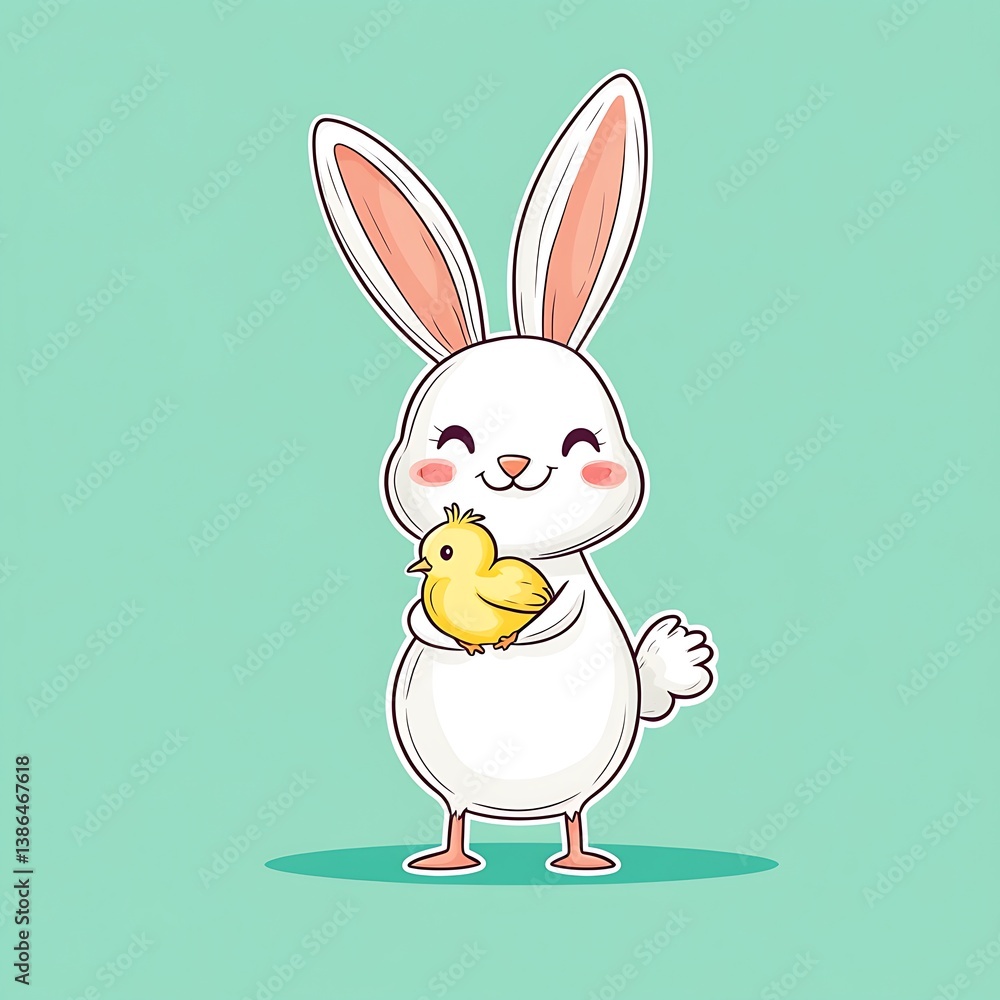 Easter Bunny with Chick Cartoon Dark Outline on green Background Easter Bunny with Chick Cartoon Dark Outline on green Background