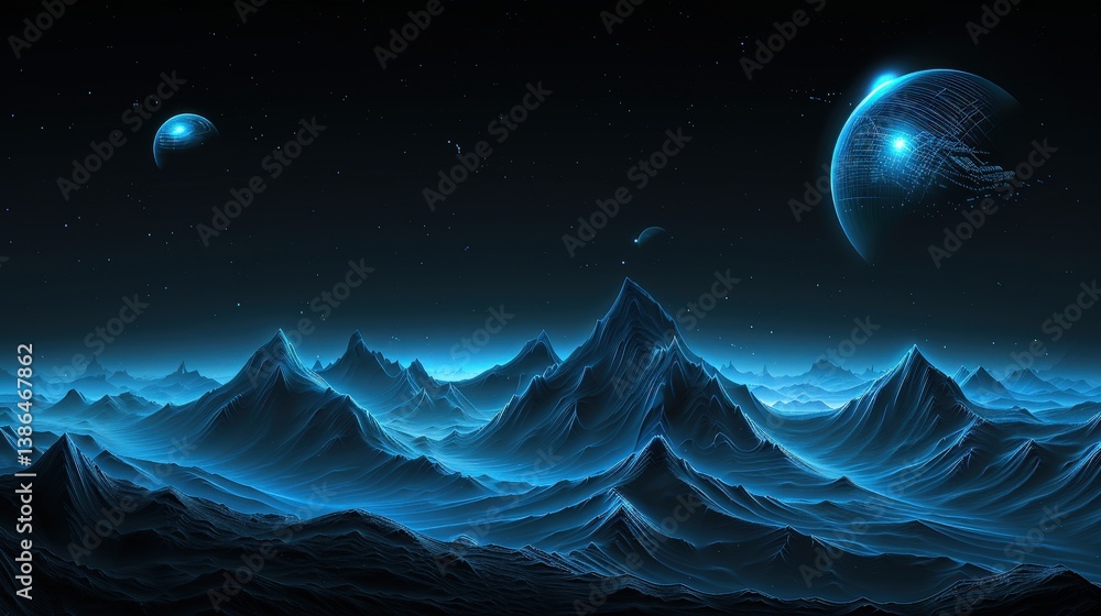 Obraz premium A stunning cosmic landscape featuring glowing blue mountain peaks under a starry sky, with distant planets visible, evoking a sense of wonder and exploration in a serene extraterrestrial environment