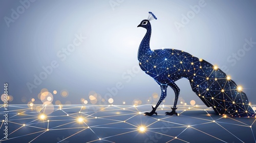 A stunning digital representation of a peacock walking gracefully across a network of glowing nodes, symbolizing technology and nature's beauty in a serene, illuminated environment