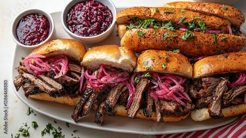 Pulled pork sandwiches with pickled onions and cranberry sauce.