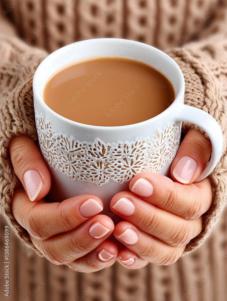 Warm hands holding a steaming mug of creamy coffee in cozy knitted gloves Warm hands holding a steaming mug of creamy coffee in cozy knitted gloves