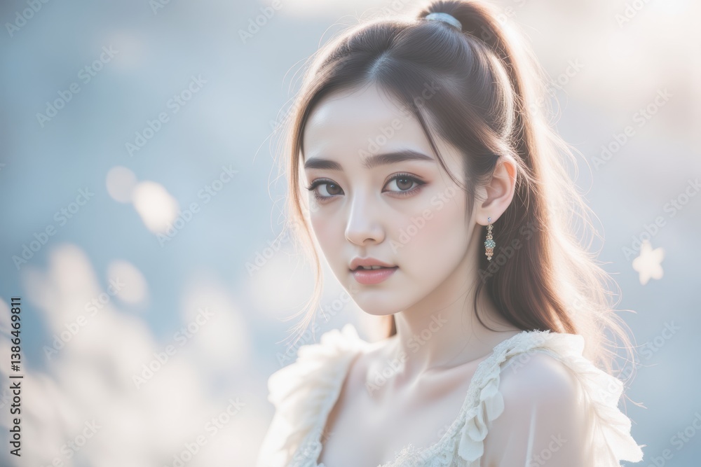 Elegant Asian Woman with Ponytail in Dreamy Soft Light, Beauty Portrait Elegant Asian Woman with Ponytail in Dreamy Soft Light, Beauty Portrait