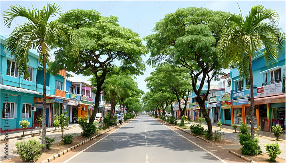 Obraz premium Lush, tree-lined street with colorful buildings and shops