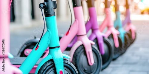 Street parking for electric new scooters. Group of electric scooters in outdoor parking. Eco-friendly vehicles.