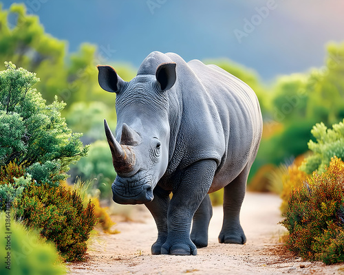 Majestic white rhino walking on a dirt path, surrounded by lush African vegetation