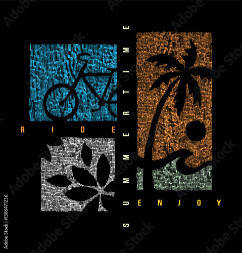 Hand-drawn drawing of elements related to leisure and summer. Stylized art with irregular line texture.