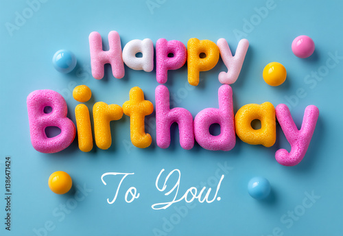 p: a playful birthday greeting with happy birthday to you in a bubble, cartoon-like font