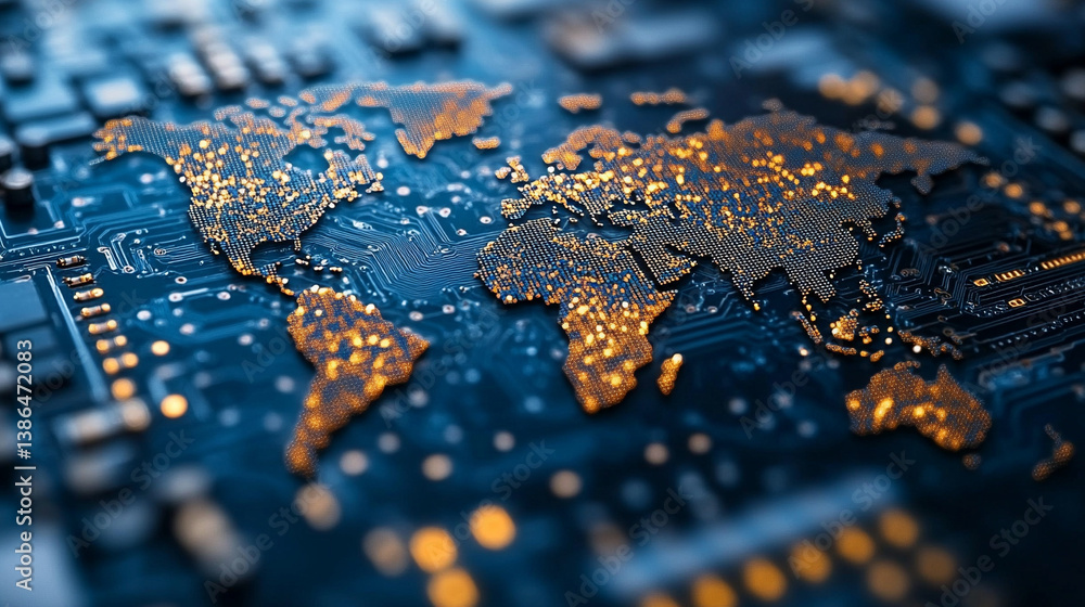 A circular global map etched on a microchip symbolizes the interconnectedness of global semiconductor trade, representing modern technology, globalization, and digital communication.
A circular global map etched on a microchip symbolizes the interconnectedness of global semiconductor trade, representing modern technology, globalization, and digital communication.