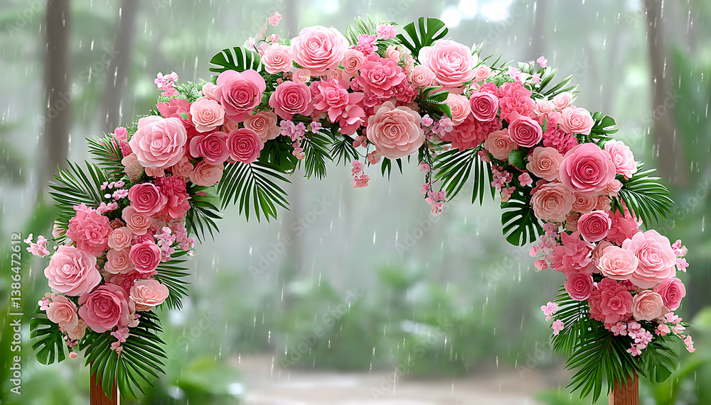 Fototapeta premium Pink rose floral archway in rainy forest