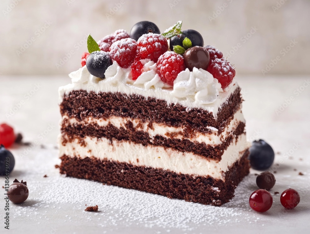 A decadent slice of chocolate cake topped with whipped cream and berries. Featuring indulgence and sweetness A decadent slice of chocolate cake topped with whipped cream and berries. Featuring indulgence and sweetness