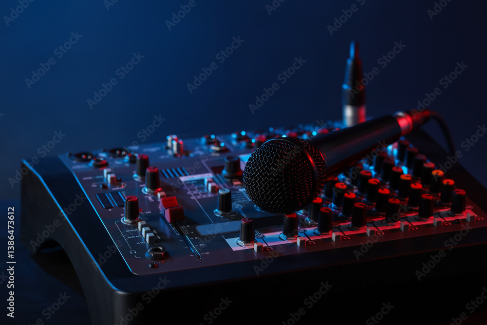 Professional mixing console with microphone on table against dark blue background, closeup