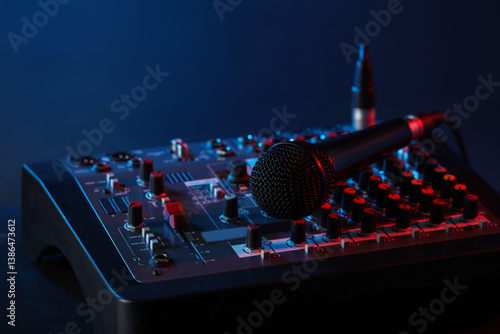 Obraz na płótnie Professional mixing console with microphone on table against dark blue background, closeup w salonie
