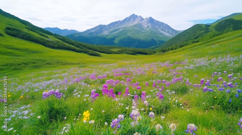 A vibrant meadow filled with wildflowers stretches towards majestic mountains. The scene is composed of rolling hills and a clear sky. The image is high-quality, exhibiting sharp detail and natural A vibrant meadow filled with wildflowers stretches towards majestic mountains. The scene is composed of rolling hills and a clear sky. The image is high-quality, exhibiting sharp detail and natural