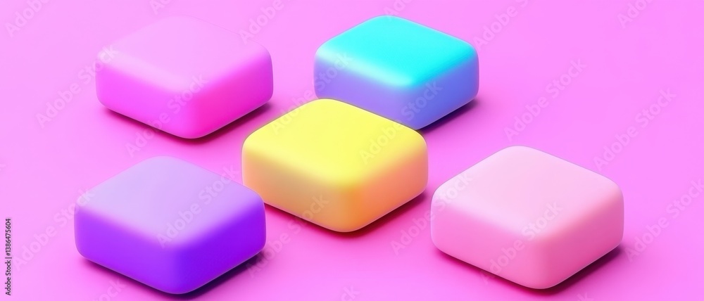 A vibrant arrangement of five colorful, soft-edged cubes in shades of pink, purple, blue, and yellow against a smooth pink background, ideal for modern design and creative projects A vibrant arrangement of five colorful, soft-edged cubes in shades of pink, purple, blue, and yellow against a smooth pink background, ideal for modern design and creative projects