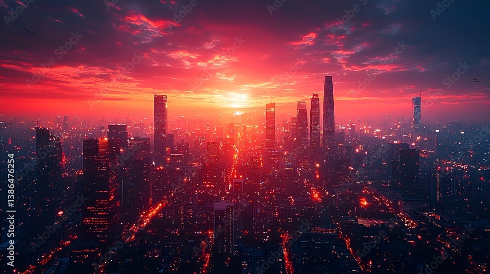 Fototapeta premium Vibrant red sunrise over a sprawling city skyline.