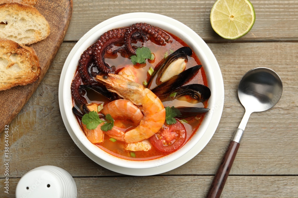 Delicious seafood soup served on wooden table, flat lay Delicious seafood soup served on wooden table, flat lay