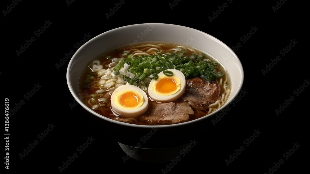 A delicious bowl of ramen with soft-boiled egg, pork, and scallions. Featuring Japanese comfort food A delicious bowl of ramen with soft-boiled egg, pork, and scallions. Featuring Japanese comfort food