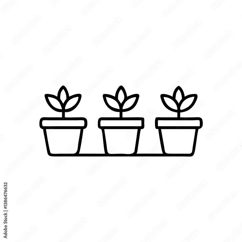 Row of potted plants icon, black and white, indoor gardening concept Row of potted plants icon, black and white, indoor gardening concept