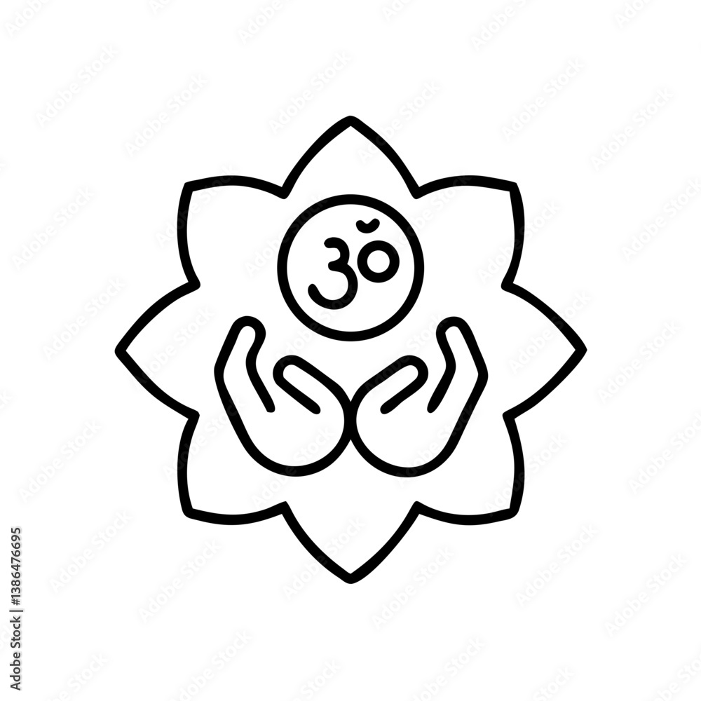 Om symbol inside sacred lotus, black and white, spiritual protection icon Om symbol inside sacred lotus, black and white, spiritual protection icon