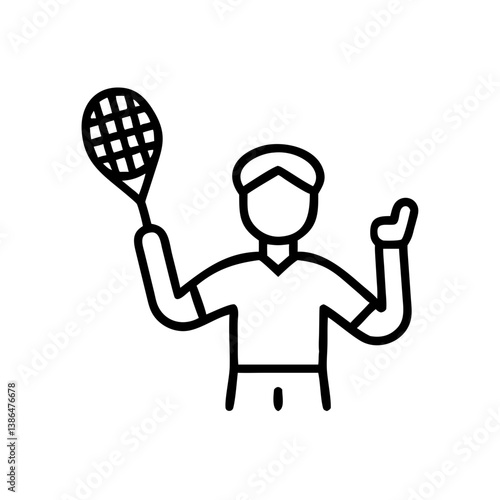Padel player raising arms, arguing with referee icon, black and white emotional sport scene