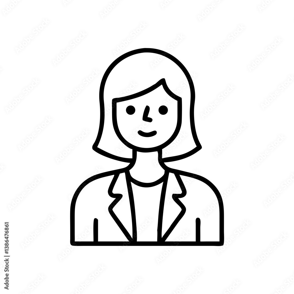 Female data scientist in lab coat, black and white line art, tech and analytics profession icon Female data scientist in lab coat, black and white line art, tech and analytics profession icon