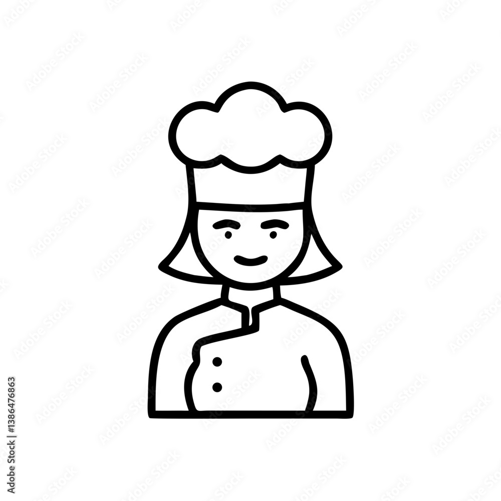 Female chef in hat and uniform, black and white line art, culinary profession icon Female chef in hat and uniform, black and white line art, culinary profession icon